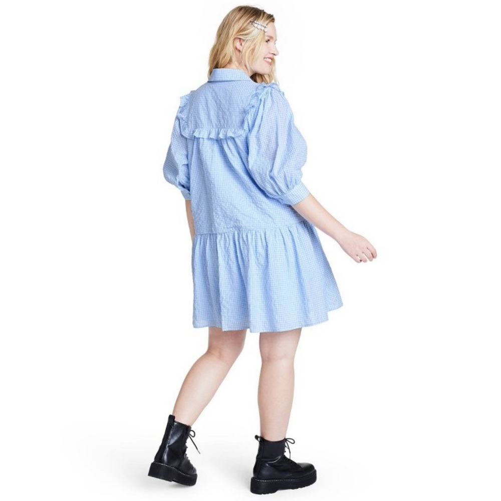 NWOT Sandy Liang Blue Gingham 3/4 Sleeve Dress - Picture 6 of 12